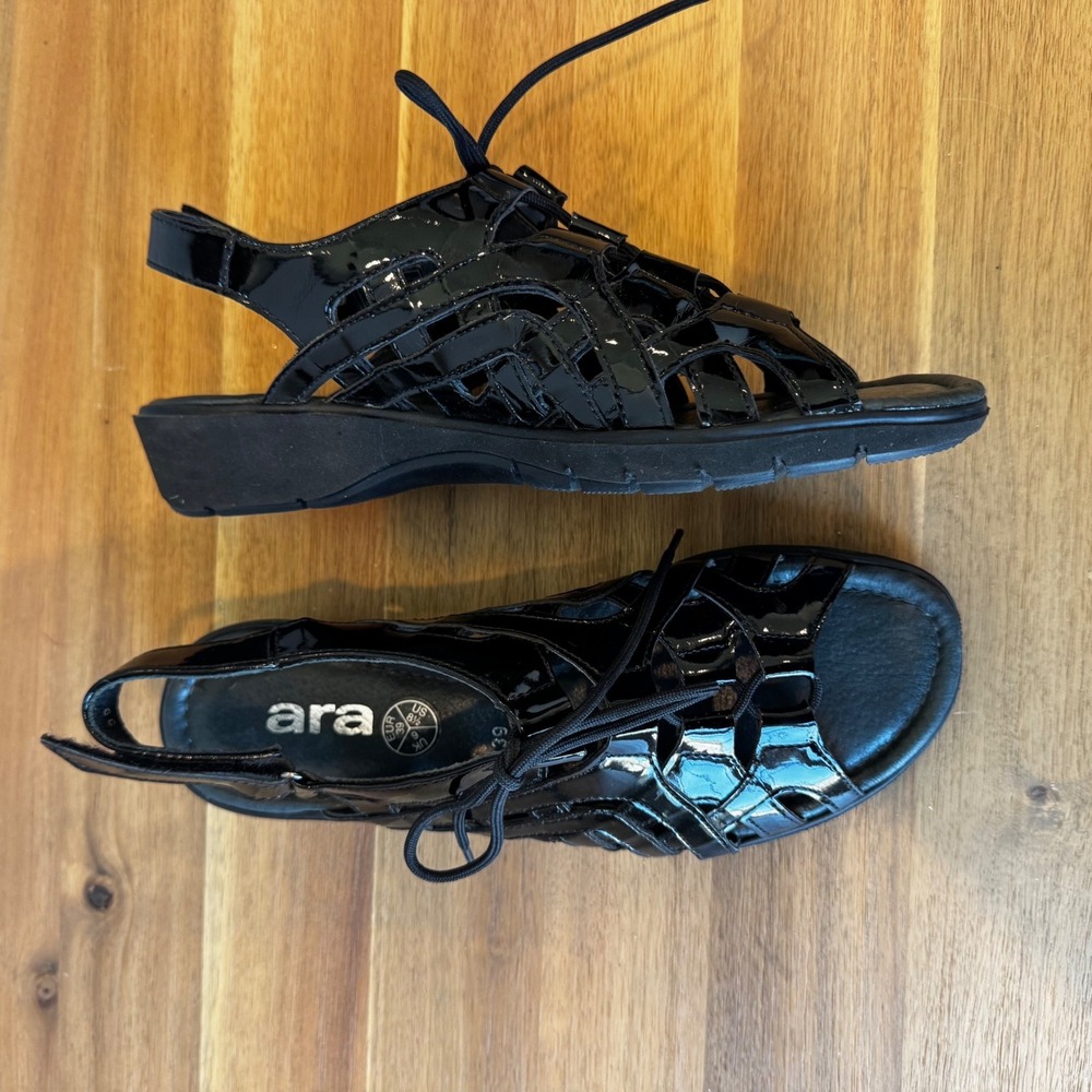 Ara Luftpolster Women 8.5 EU 39 Black Patent Leather Cage Fisherman Sandal Wedge
